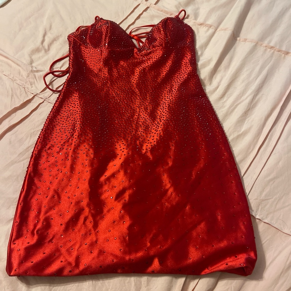 Red Satin Dress with Rhinestone Detailing